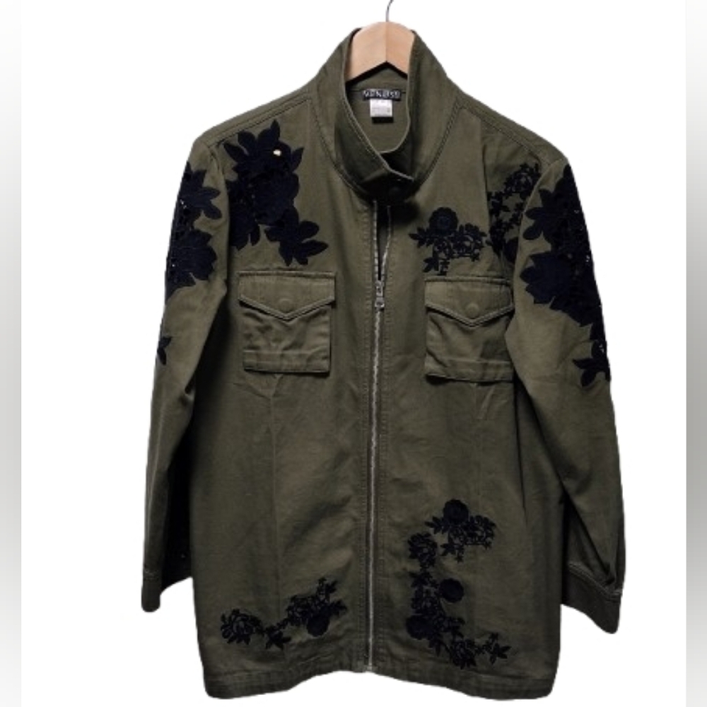 VENUS Olive Green Utility Jacket with Black Floral Embroidery – Size L